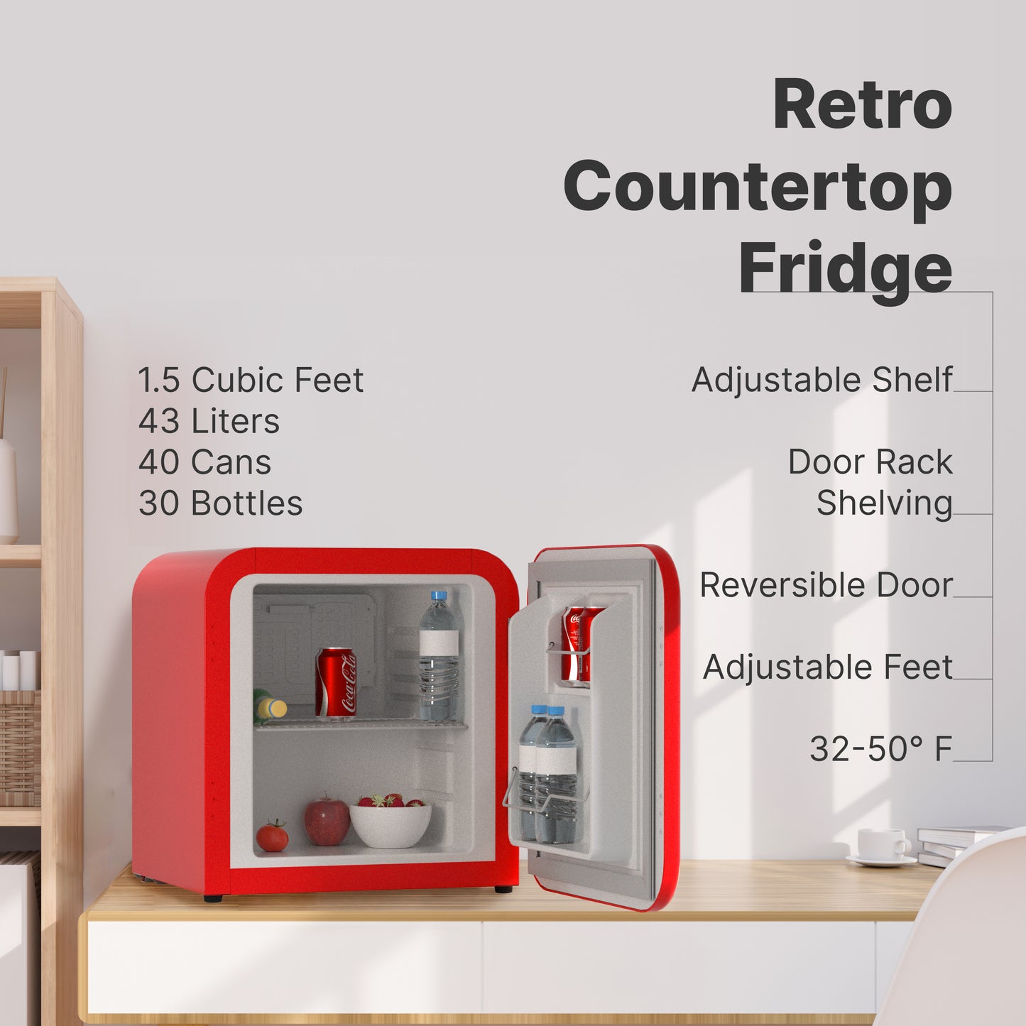 SnowLion Premium 43L Retro Style 1.5 C.ft. Freestanding Mini Fridge in Red