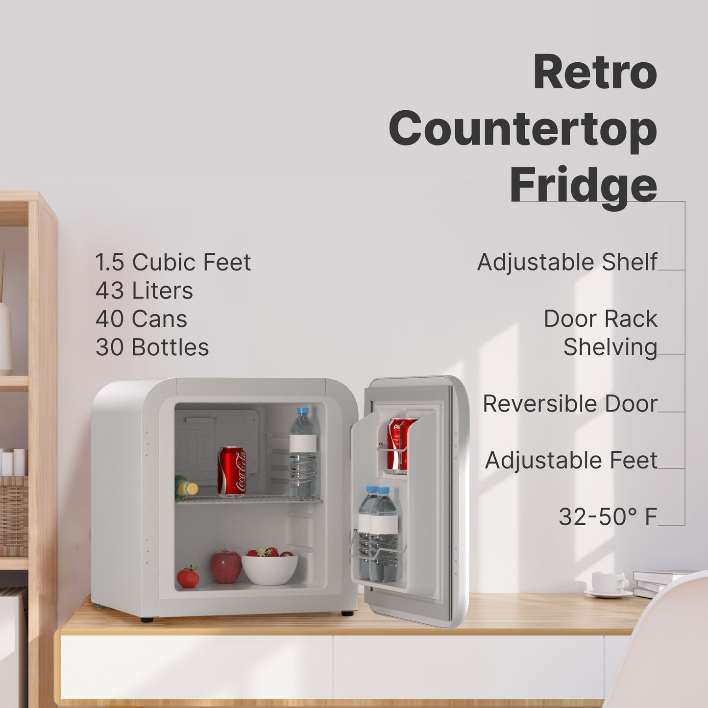 Husky Premium 43L Retro Style 1.5 C.ft. Freestanding Mini Fridge in White