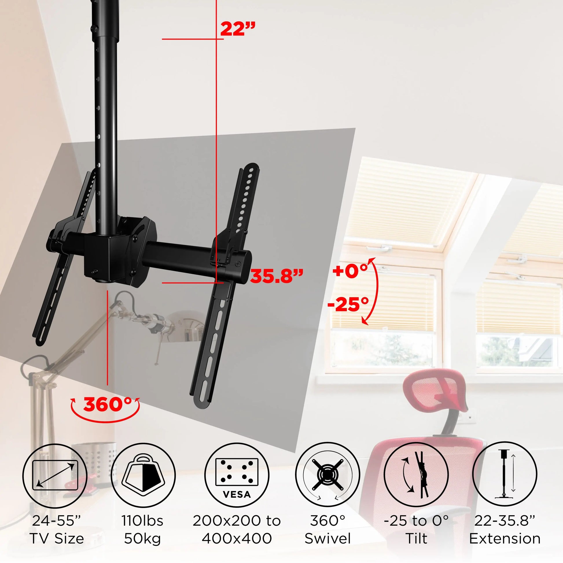 ProMounts Premium Ceiling Tilt/Swivel TV Ceiling Mount Fits Most 24-55 inch, Holds 110 lbs (UC-PRO210) ProMounts